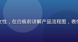 一起草首席产品官林晓晴，女性，在白板前讲解产品流程图，表情自信，背景为团队协作场景